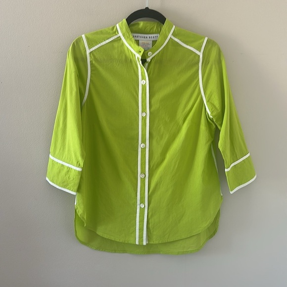 Gretchen Scott Bright Green Button Down Top 3/4 Sleeves Sz Small Preppy Resort - Picture 1 of 8